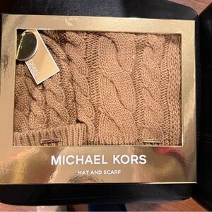 Michael Kors Camel Cable Knit Hat and Scarf Set